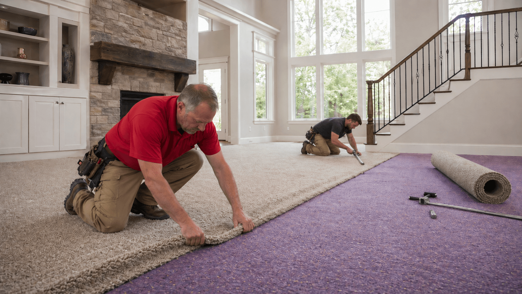 New carpet installation in progress over premium purple pad Installers laying new carpet over purple carpet padding in a bright living room