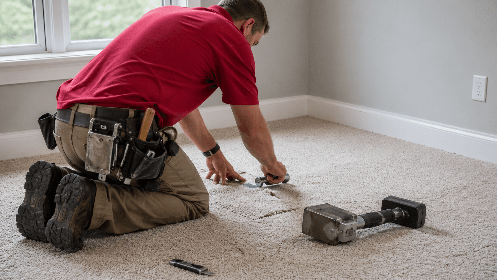 Carpet repair and seam work in progress Installer repairing and seaming carpet in a room corner