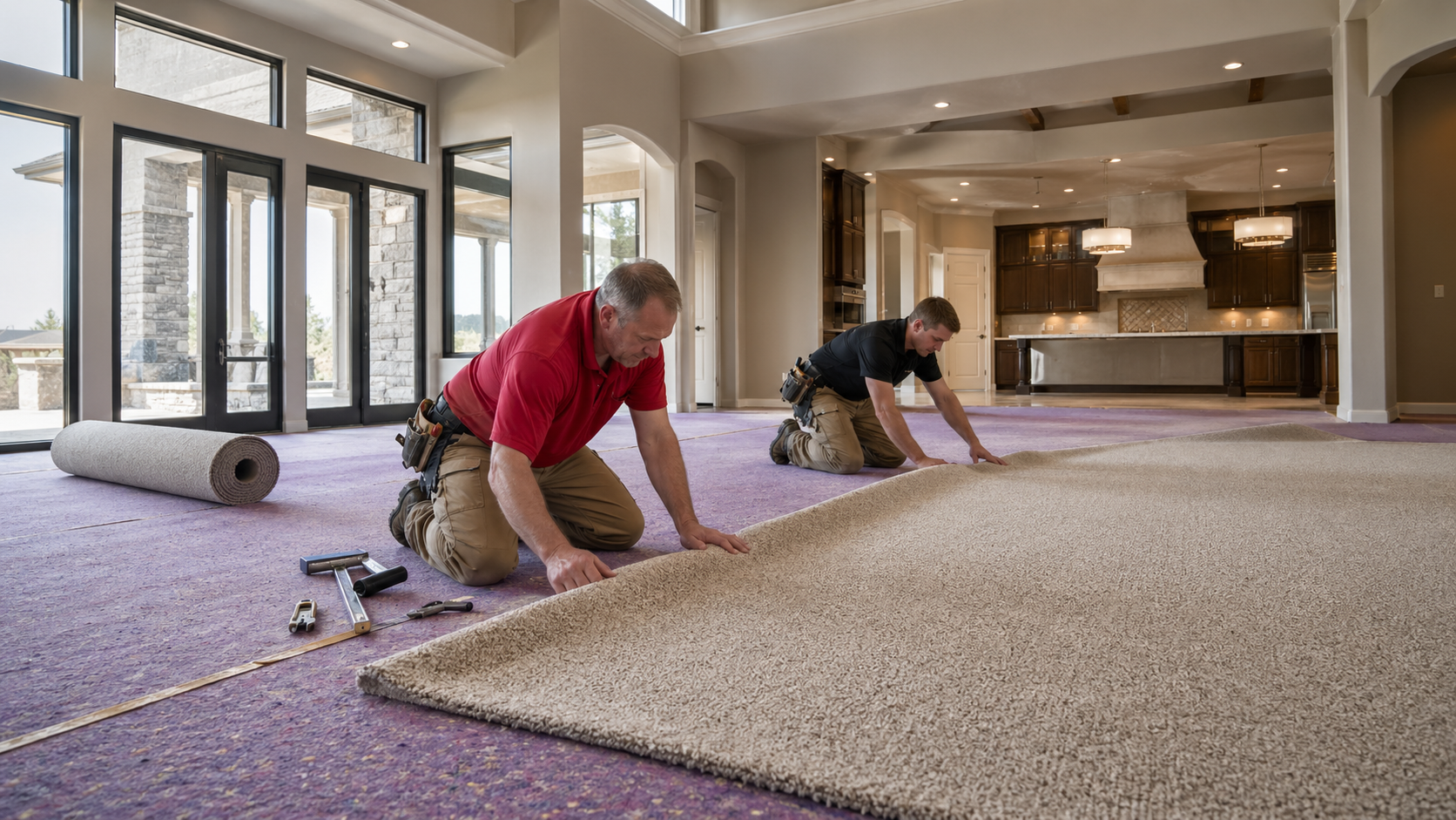 At Home Flooring crew installing carpet in a finished room