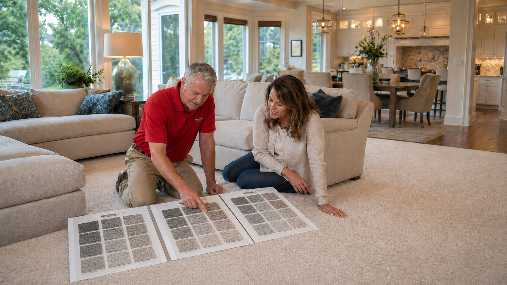 At Home Flooring rep showing carpet samples to a homeowner during an in-home consult